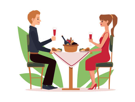 Young couple bonding relationship on romantic date or family holiday in cafe or restaurant. Flat cartoon vector illustration isolated on a white background.のイラスト素材