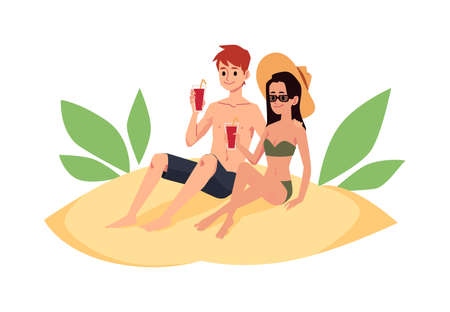 Young couple enjoying summer vacation on beach, flat vector illustration isolated on white background. Couple in love resting together and bonding their relationships.のイラスト素材