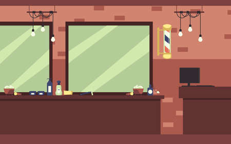 Modern barber shop empty interior background, flat vector illustration. Minimalist fashion interior of barbershop or male hairdressing salon with nobody in.のイラスト素材