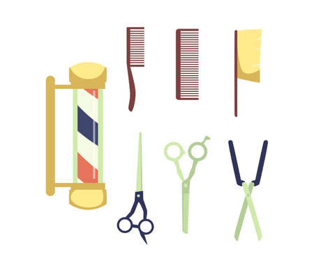 Vector illustration with isolated set for working as barber. Various scissors, combs, brush and pole sign. Traditional male barbershop for hygiene and care of mustache, hair and beardのイラスト素材