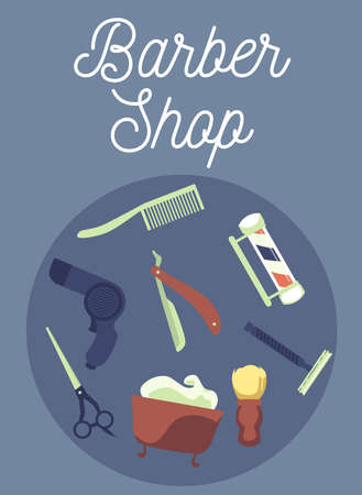 Barber shop banner or poster background with shaving and hairdressing tools, flat vector illustration on blue background. Barbershop card or web banner.のイラスト素材