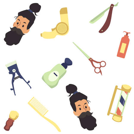 Mens hairdressing and barbershop tools and cosmetic products set including head of bearded man, flat vector illustration isolated on white background.のイラスト素材