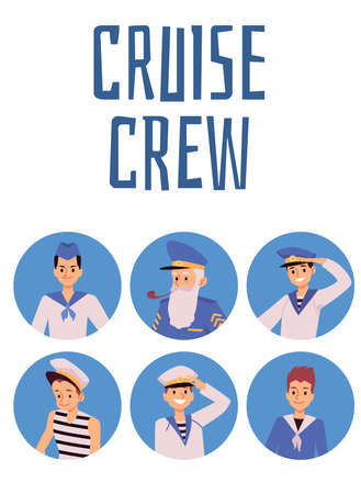 Set of characters of sailors crew members of voyage ship, yacht or cruise liner. Vector cartoon flat illustration on a white background.のイラスト素材