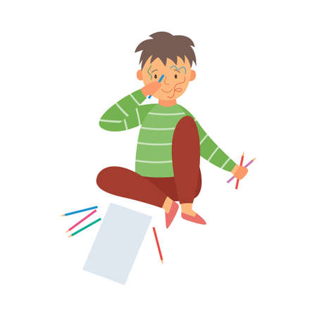 Little child engaged with drawing activity, flat vector illustration isolated on white background. Comic humor image of creative child drawing all over.のイラスト素材