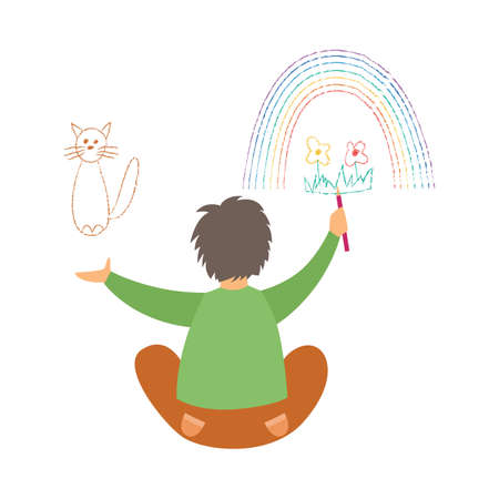 Kid boy draws cat, flowers and rainbow on white wall. Doodle pictures drawn in colored pencil. Children summer vacation, leisure or entertainment. Flat cartoon vector illustration.のイラスト素材