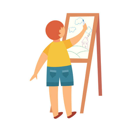 Little child drawing behind easel flat vector illustration isolated on white background. Creative talented kid cartoon character for children art lessons.のイラスト素材