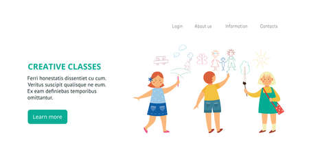 Advertisement horizontal banner or flyer for kids creative classes with drawing children cartoon characters, flat vector illustration on white background.のイラスト素材