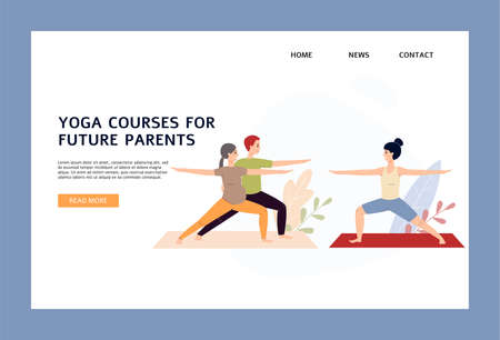Vector landing page template of app for courses or lessons yoga for pregnant. Happy husband and pregnancy wife train with an instructor. Future parents are preparing for childbirthのイラスト素材