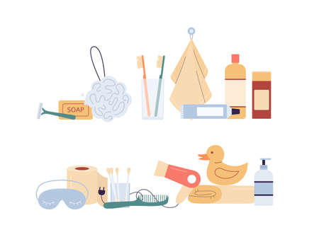 Set of cozy elements for everyday body care and personal hygiene in domestic bathroom. Flat cartoon...