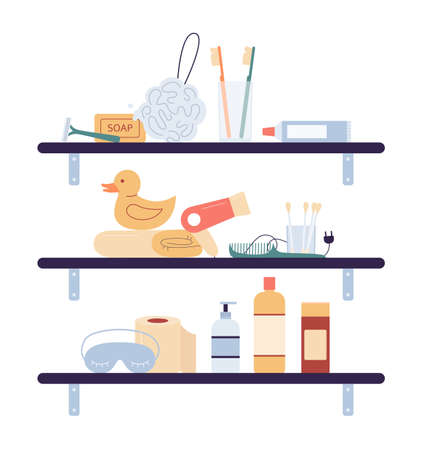 Bathroom shelves with shampoo and soap bottles and other bath accessories, flat vector illustration isolated on white background. Accessories for bathing and dental care.のイラスト素材