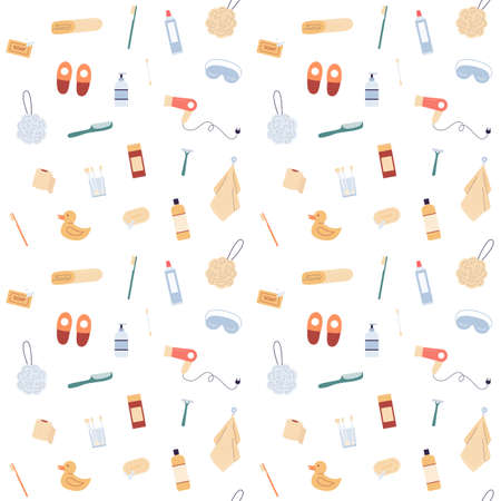 Repeatable texture of seamless pattern with bathroom body care cosmetic products, flat vector illustration. Endless pattern with spa and bath symbols on white background.のイラスト素材