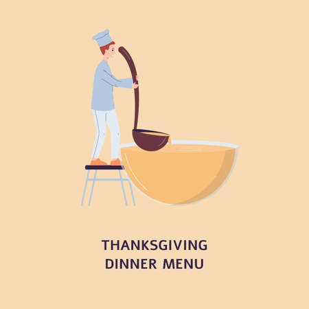 Thanksgiving dinner menu cover design with tiny chief cook, flat vector illustration. Background for autumn restaurant Thanksgiving dishes carte or menu.のイラスト素材