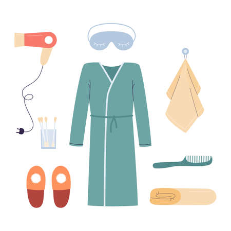 Bathroom cartoon elements for personal hygiene and everyday body care. Cozy isolated accessories for bath in home. Flat vector illustrationsのイラスト素材