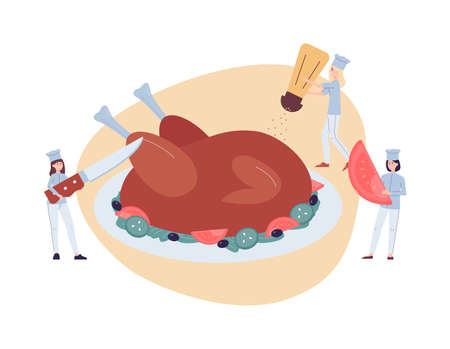 Tiny chefs serving huge Thanksgiving festive turkey, flat vector illustration isolated on white background. Thanksgiving holiday dinner menu card or banner layout.のイラスト素材