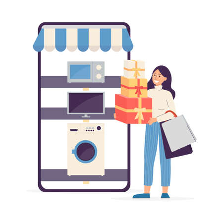 Online shopping concept with woman buyer standing in front of mobile phone, flat vector illustration isolated on white background. Online store and internet marketing.のイラスト素材