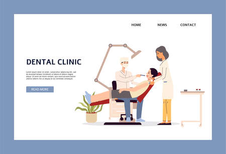 Design for web page dental medical clinic. Patient in chair at an appointment with dentist or orthodontist. Dental examination, treatment and tooth care. Vector illustrationのイラスト素材