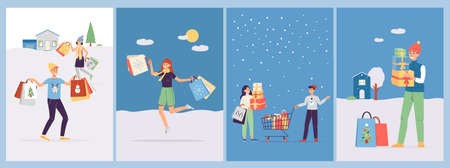 Set of vector posters with happy shoppers with lot of purchases. Christmas and New year gifts for...