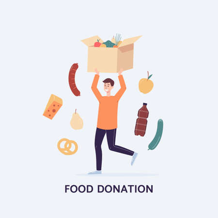Card or poster template for food donation charity, flat vector illustration. Character of man holding box with products for food aid and support of poor needed people.のイラスト素材