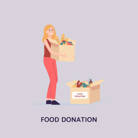 Young girl volunteer with cardboard donation boxes full of food. Social support for homeless, hungry and people needed help. Vector flat illustration. Card with caption.のイラスト素材
