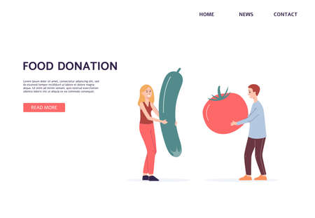 Food donation website or landing page template with tiny volunteers characters carrying food for support of needs people and hunger prevention, flat vector illustration.のイラスト素材