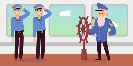 Old captain and young seamen cartoon characters on desk of sea ship, flat vector illustration. Experienced sailor teaching shipboys or students of maritime school.のイラスト素材