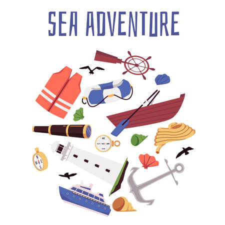 Sea adventure banner or promotion poster with various nautical signs and symbols of sea trip cruise, flat vector illustration isolated on white background.のイラスト素材