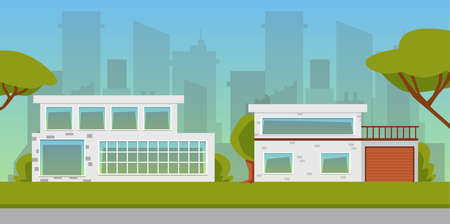 Suburban real estate. Residential house for buy or rent. Architecture cottage with city skyscrapers in the background. Vector cartoon flat illustrationのイラスト素材