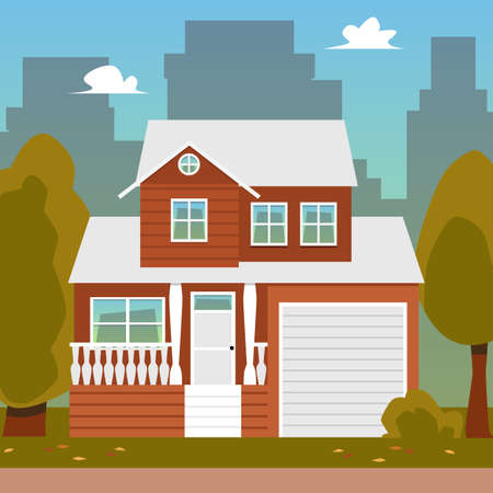 Modern summer cityscape background with cute comfortable suburban house with a mansard, flat vector illustration. Front elevation of residential out-of-town building.のイラスト素材