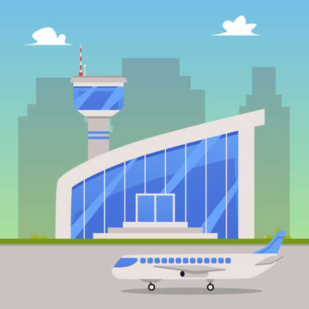 Modern cityscape background with airport terminal building, flat vector illustration. Architecture of airport buildings complex with landed passenger airplane.のイラスト素材