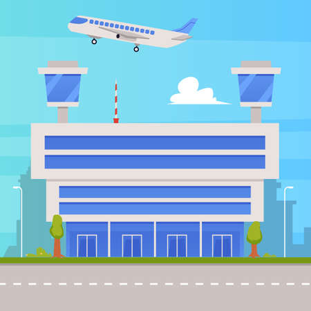 Air terminal building with two observation control towers, flat vector illustration. Architecture background with airport building and runway strip in front.のイラスト素材