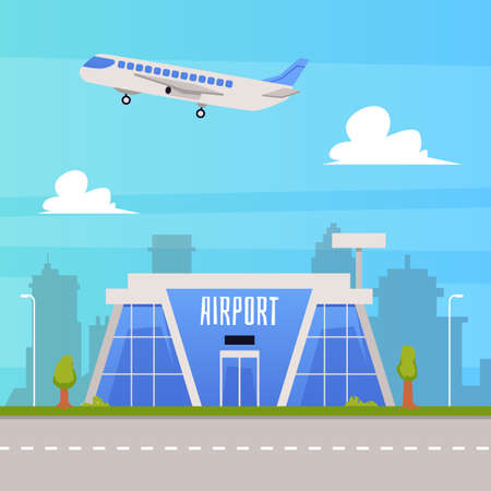 Background with air terminal building and runway, flat vector illustration. Airport building with a plane flying in the sky at summer landscape layout.のイラスト素材