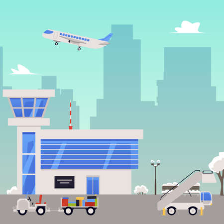 Airport with tower of control room, flying plane, passenger service vehicles and city buildings in background. Modern architecture, urban public terminal. Vector flat illustration.のイラスト素材