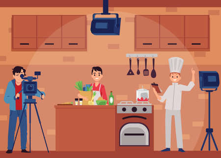 Shooting of culinary TV show with cartoon characters of chef cook and cameraman in film studio, flat vector illustration. Cooking TV show interior background.のイラスト素材