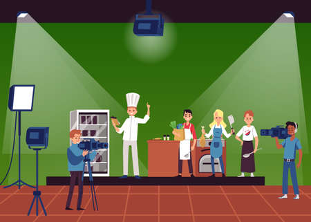 Culinary cooking TV show shooting scene with cartoon characters of chef and film crew, flat vector illustration. Chef cooking in TV show and cameramen.のイラスト素材