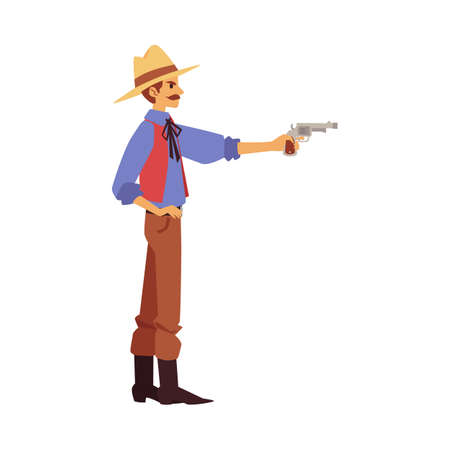 Professional cinema movies production. Actor playing role of cowboy in shooting scene from western film. Flat cartoon isolated vector illustration.のイラスト素材