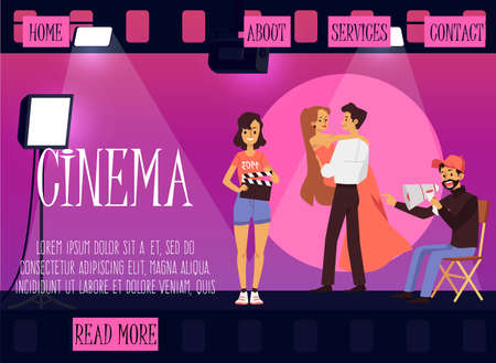 Professional movie production in studio with light, director, actors playing role and assistant. Shooting romantic scene of film. Cinema industry. Vector design for website.のイラスト素材