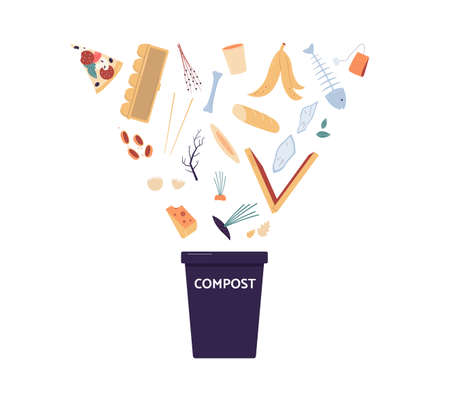 Compost bin symbol with icons of organic waste falling into bin, flat vector illustration isolated on white background. Ecology and environment conservation.のイラスト素材