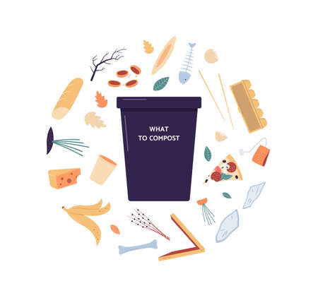 Compost bin surrounded with symbols of organic waste, flat vector illustration isolated on white background. Emblem or logotype of waste recycling and composting.のイラスト素材