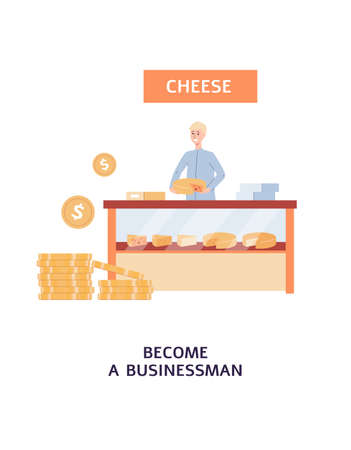Card supporting small local business with man cheese dairy or creamery owner, flat vector illustration isolated on white background. Craft cheese production.のイラスト素材