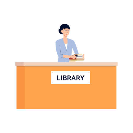 A female librarian puts books on the desk. Smiling woman librarian near the table in the library. Vector flat cartoon illustration isolated on a white background.のイラスト素材
