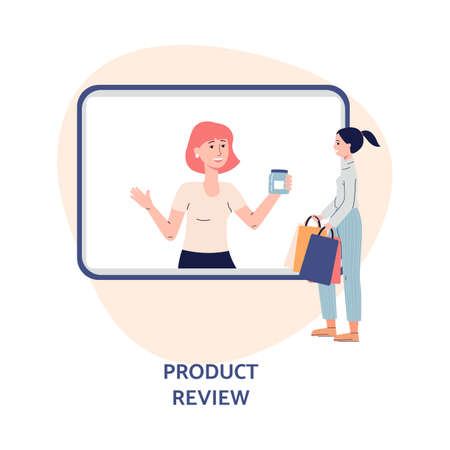 Girl watches online video tutorial shopping overview. Female vlogger on tv screen doing review product. Content for internet channel. Flat vector isolated illustrationのイラスト素材