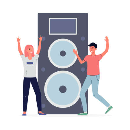 Young girl and man dancing in front of music sound booster. Dancing people for music and dance party or concert, flat vector illustration isolated on white background.のイラスト素材