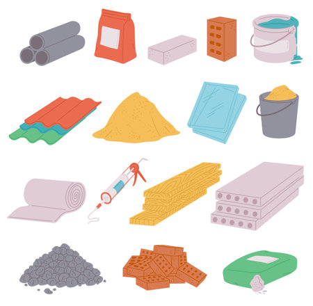 A set of building materials icons. Construction goods for renovation and repair of housing. Flat cartoon vector illustrations isolated on a white background.のイラスト素材