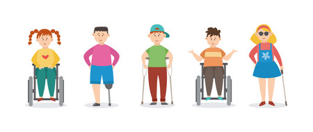 Cartoon injured children with crutches and bandages, flat vector illustration isolated on white...