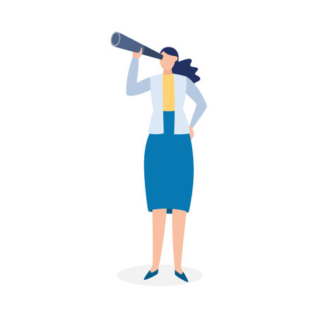 Businesswoman in office formal suit watching through a spyglass, flat vector illustration isolated on white background. Character for hiring or business strategy topic.のイラスト素材
