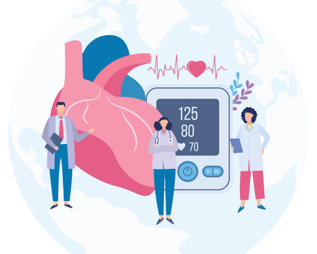 Banner with concept of World heart day. Doctors, human heart, heartbeat line and pressure measuring arterial blood device on globe background. Flat vector illustration.のイラスト素材