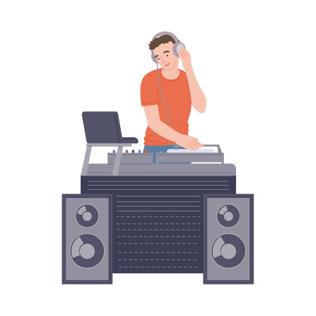 Guy dj mixing music at live streaming of radio station. Young man DJ with headphones create sound entertainment online. Flat cartoon vector isolated illustration.のイラスト素材