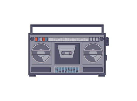 Audio analog retro cassette tape recorder for listening of music streaming. Flat cartoon vector illustration isolated on a white background.のイラスト素材