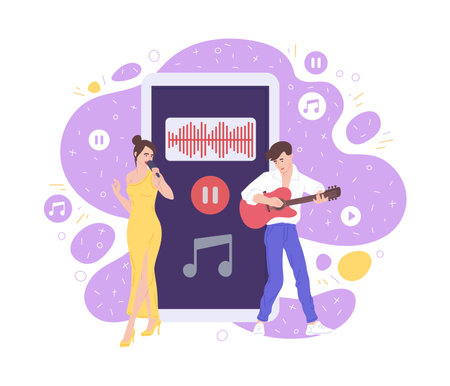 Musicians performing against backdrop of a huge mobile phone, flat vector illustration isolated on white background. Banner or cover for music broadcasting or streaming.のイラスト素材