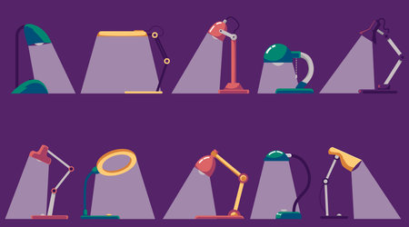 Colorful lit desk lamp set on dark background. Different types of flat cartoon electric table lights with bright shining light, vector illustrationのイラスト素材